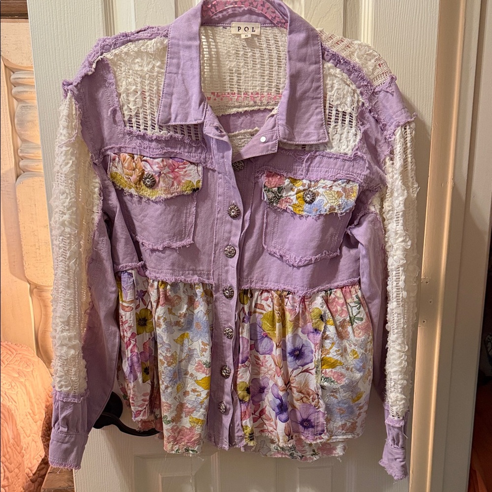 POL Lavender Patchwork Floral Button-Front Jacket… - image 1